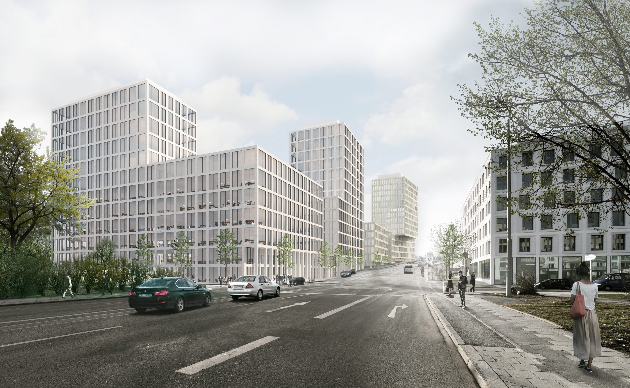 Eine moderne Stadtstraße mit zeitgenössischen Hochhäusern mit vertikalen Fassadenelementen, umgeben von Grünflächen und Fußgängern.