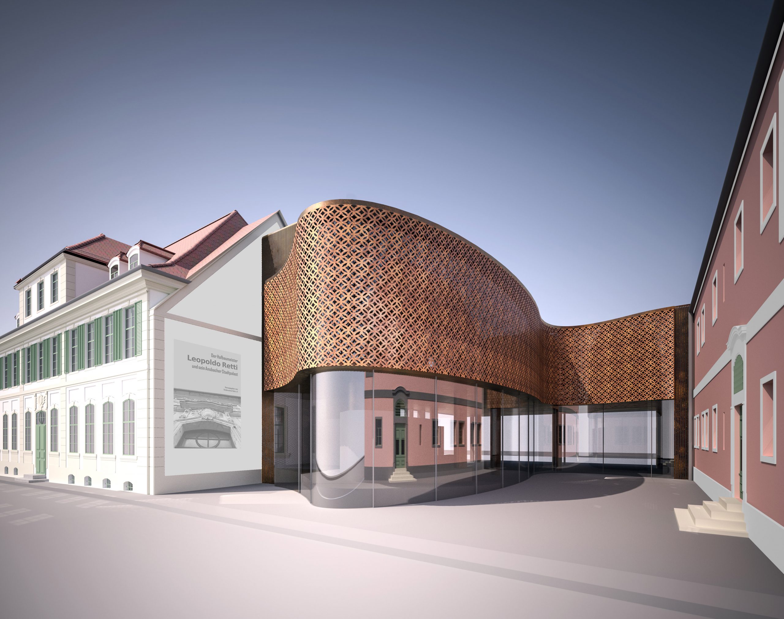 Eine moderne Gebäudeerweiterung mit geschwungener Backsteinfassade fügt sich zwischen historische Altbauten ein und schafft einen harmonischen architektonischen Kontrast.