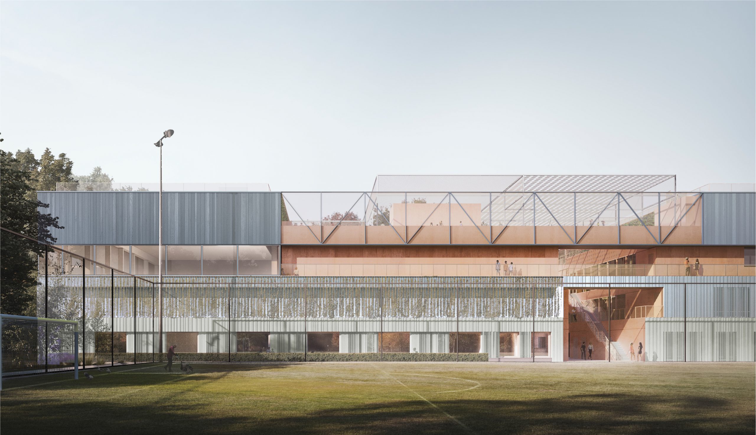 Ein modernes Sportgebäude mit Ziegelfassade, großzügiger Glasfront und transparentem Dach kombiniert funktionales Design mit offener Architektur.