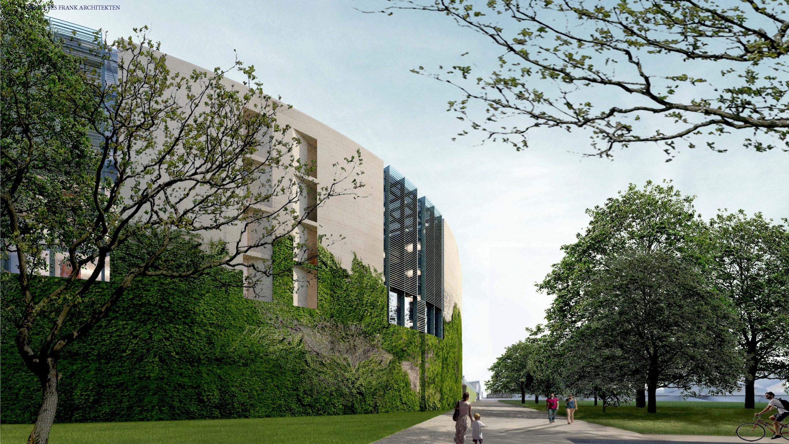 Ein modernes Gebäude mit beiger Fassade und schwarzen Lamellenelementen wird von üppigem Grün umgeben und fügt sich harmonisch in die parkähnliche Landschaft ein.