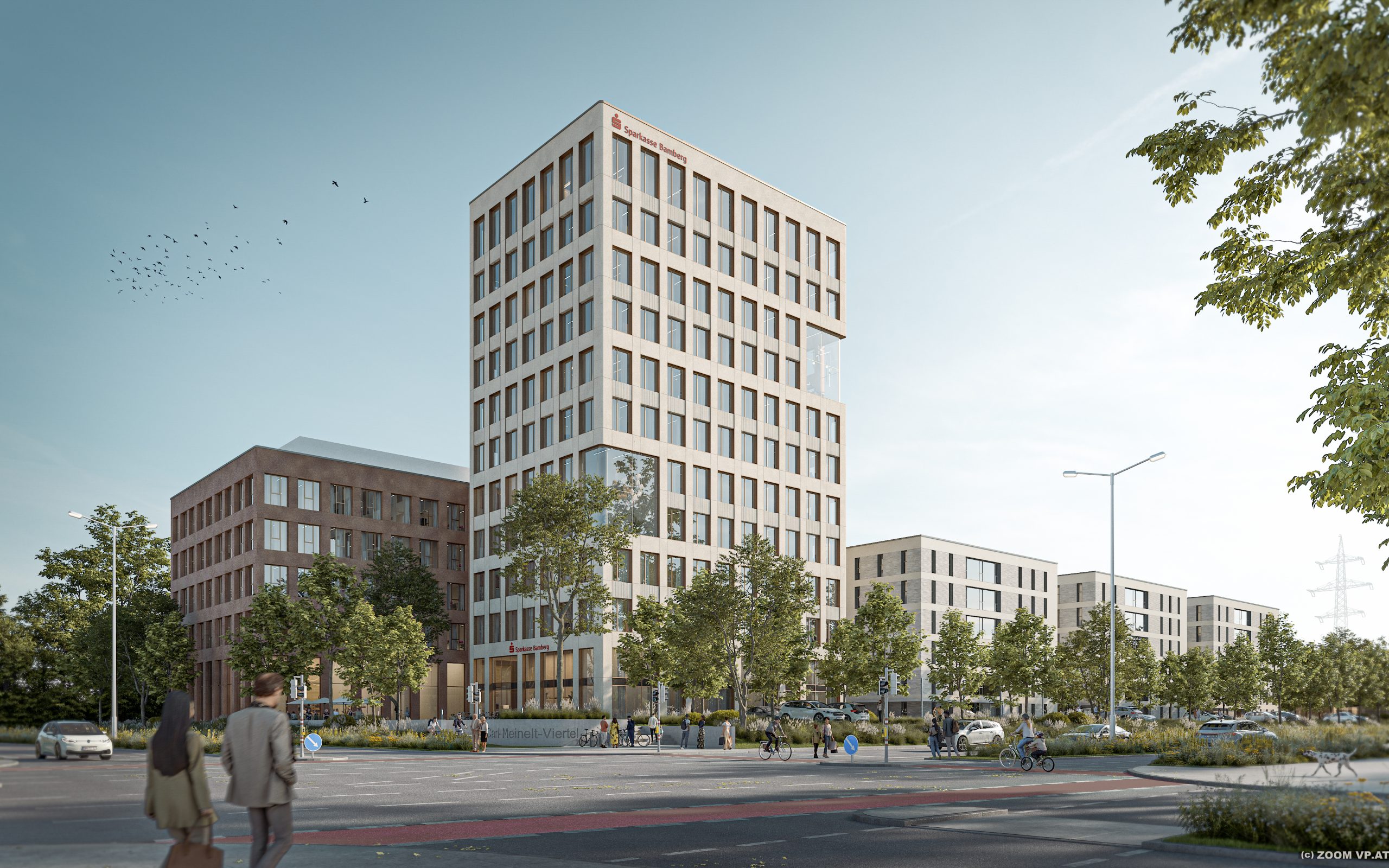 Eine moderne Wohnanlage mit einem markanten Hochhaus und angrenzenden niedrigeren Gebäuden in hellen Natursteintönen prägt das urbane Quartier.